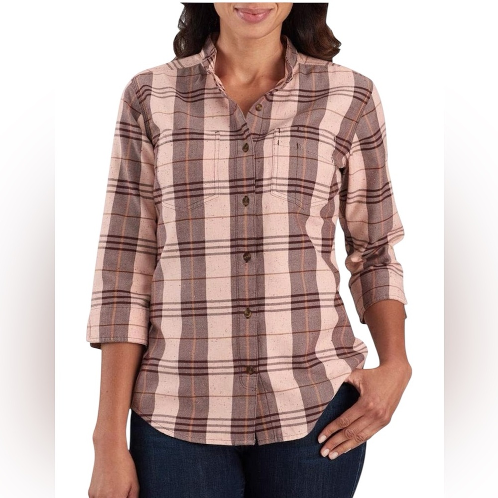 Carhartt Women’s 3/4 Length Relaxed Fit Plaid Button-Up Shirt in Deep Wine